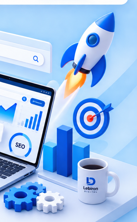 3D digital marketing workspace with SEO and website analytics